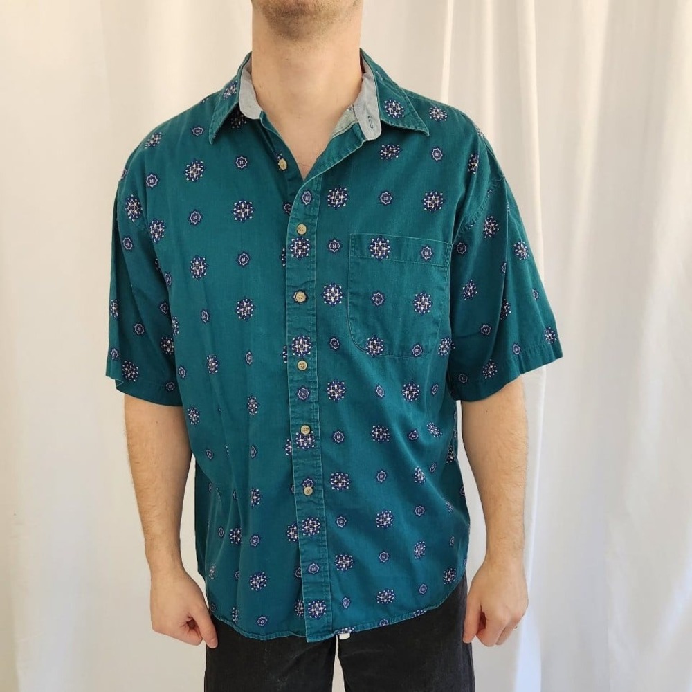 90s Teal Cotton Short Sleeve Button Down
